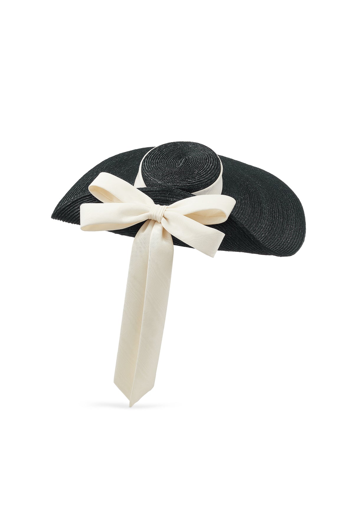 BLACK STRAW WIDE BRIM HAT WITH UPTURNED BRIM AND A SILK DOUBLE BOW