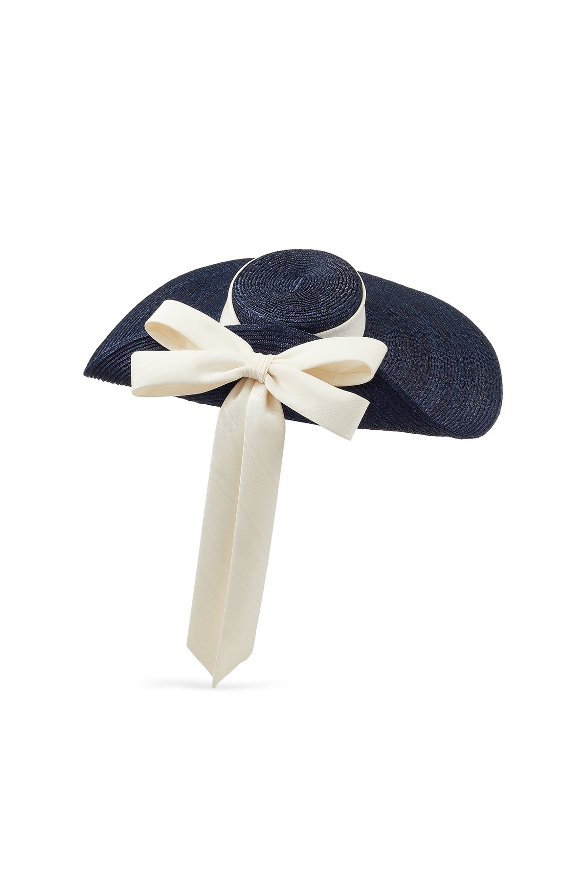 NAVY STRAW WIDE BRIM HAT WITH UPTURNED BRIM AND A SILK DOUBLE BOW
