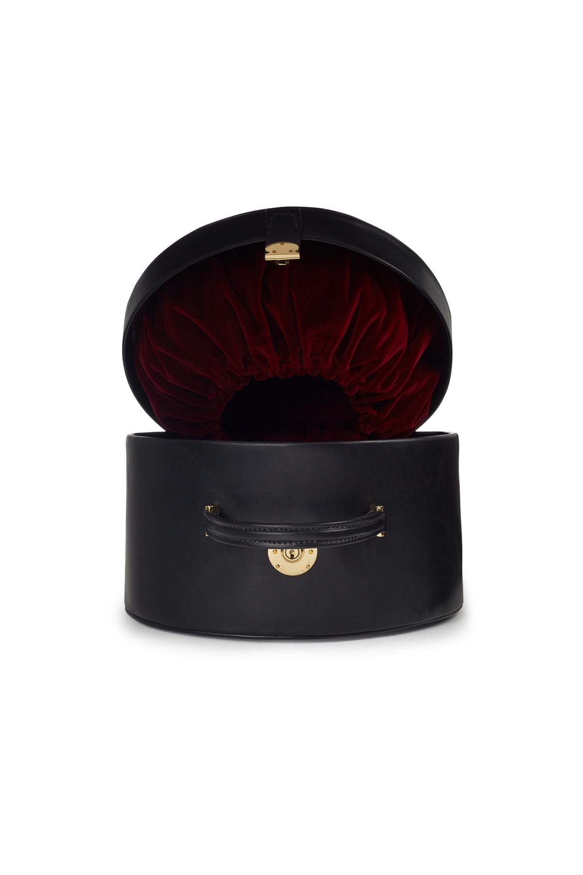 BLACK LEATHER HAT BOX WITH A SILK VELVET LINING AND A CARRYING HANDLE
