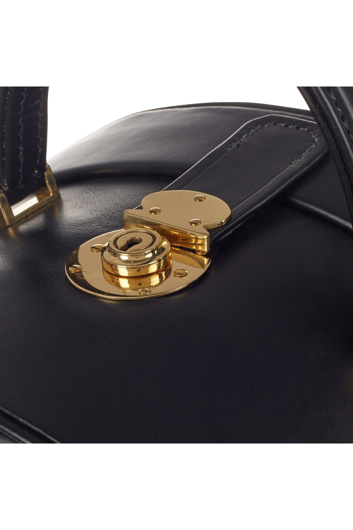 BLACK LEATHER HAT BOX WITH A SILK VELVET LINING AND A CARRYING HANDLE AND GOLD CLASP