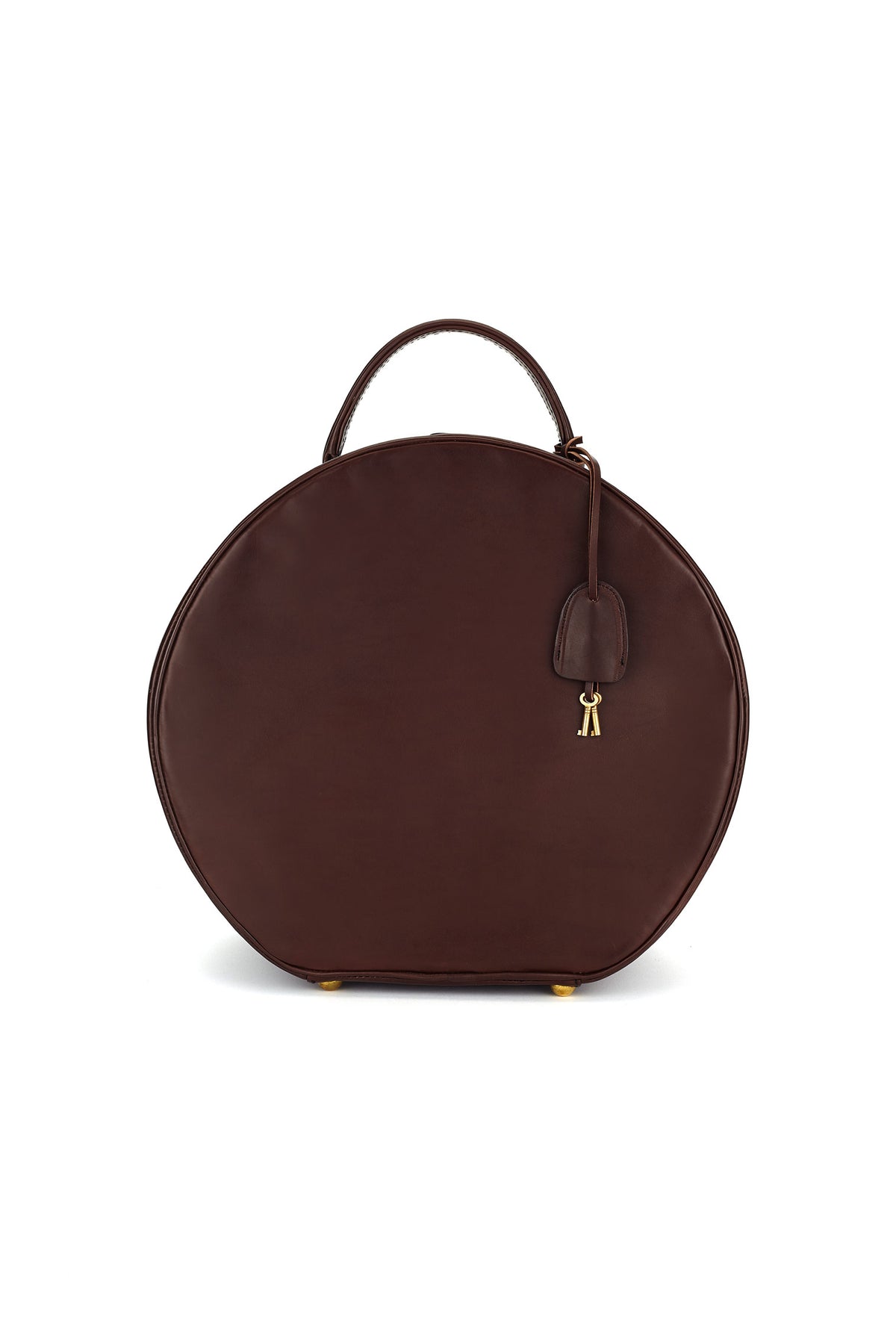 BROWN LEATHER HAT BOX WITH A SILK VELVET LINING AND A CARRYING HANDLE