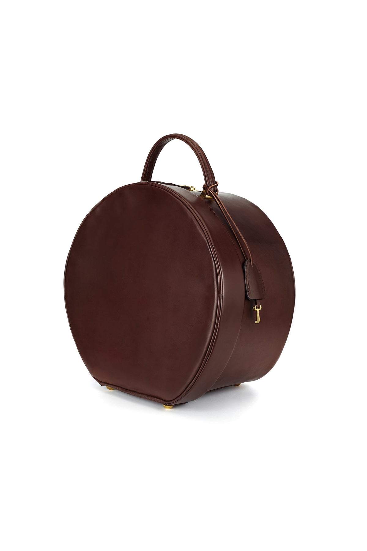 BROWN LEATHER HAT BOX WITH A SILK VELVET LINING AND A CARRYING HANDLE