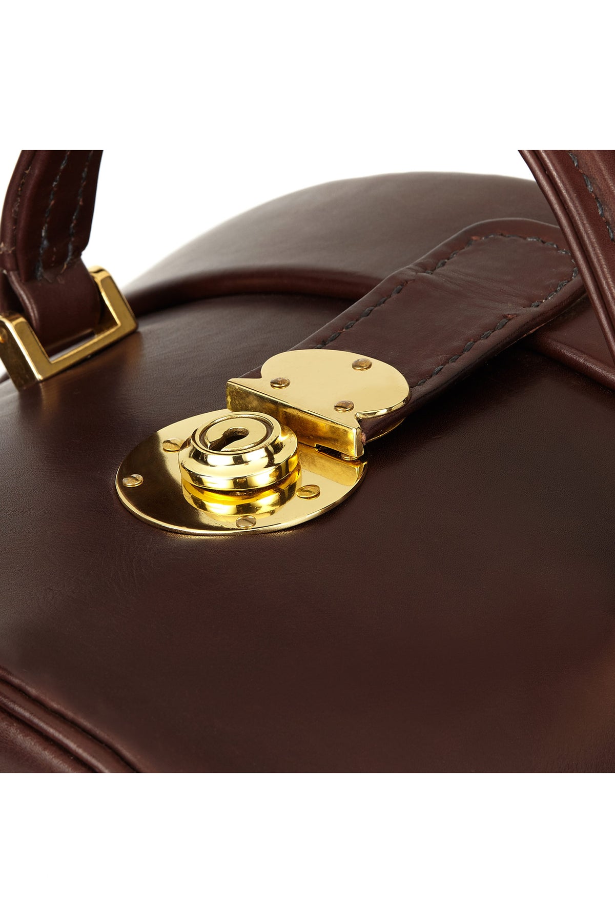 BROWN LEATHER HAT BOX WITH A SILK VELVET LINING AND A CARRYING HANDLE WITH A GOLD CLASP