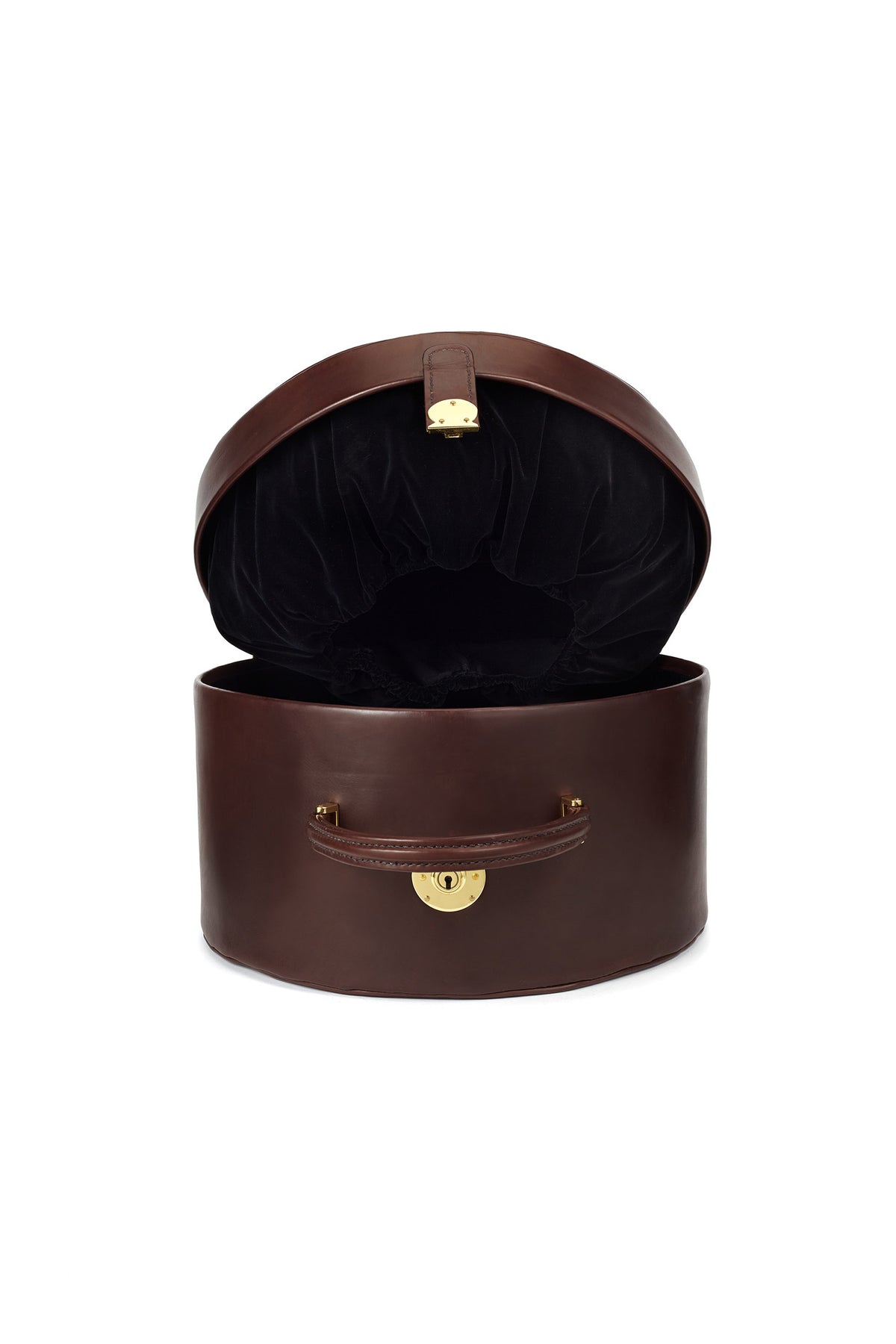 BROWN LEATHER HAT BOX WITH A SILK VELVET LINING AND A CARRYING HANDLE