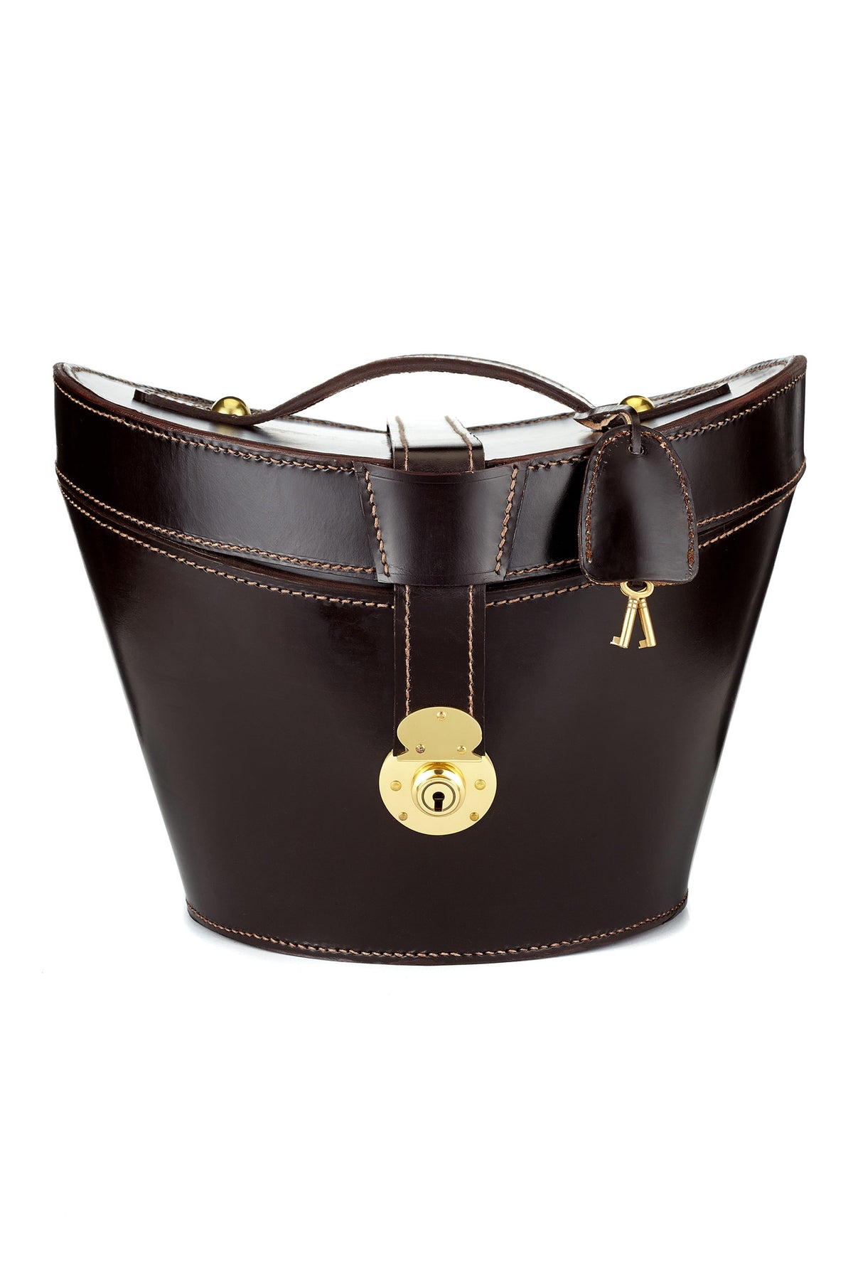 BROWN LEATHER TOP HAT BUCKET WITH SILK VELVET LINING