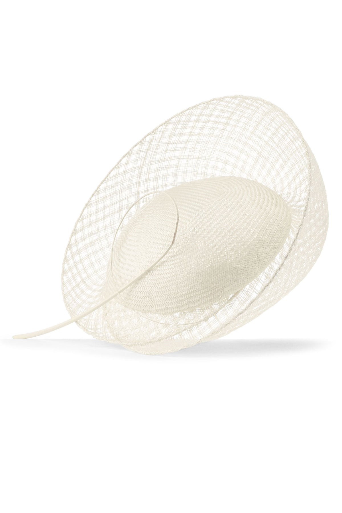 Women's ivory parasisal and mesh sinamay percher hat finished with a hand-curled striped ostrich quill.