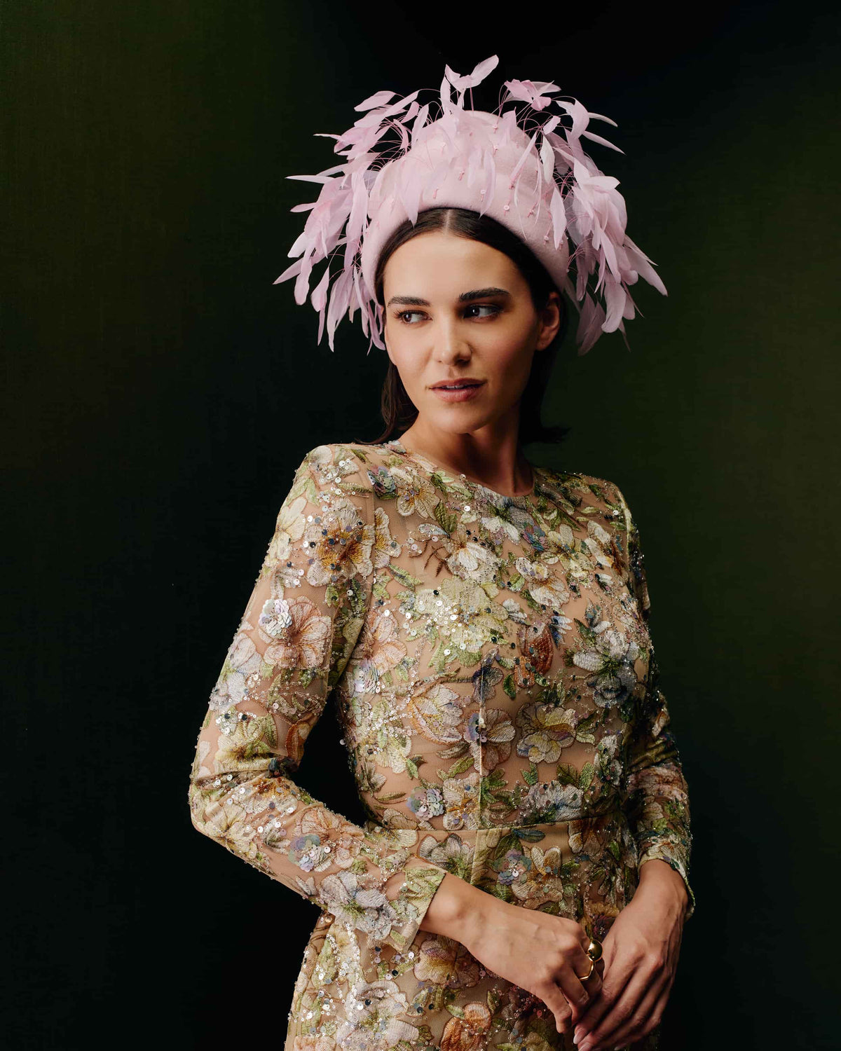 Couture pink velour felt beehive shape headpiece with pink feathers.
