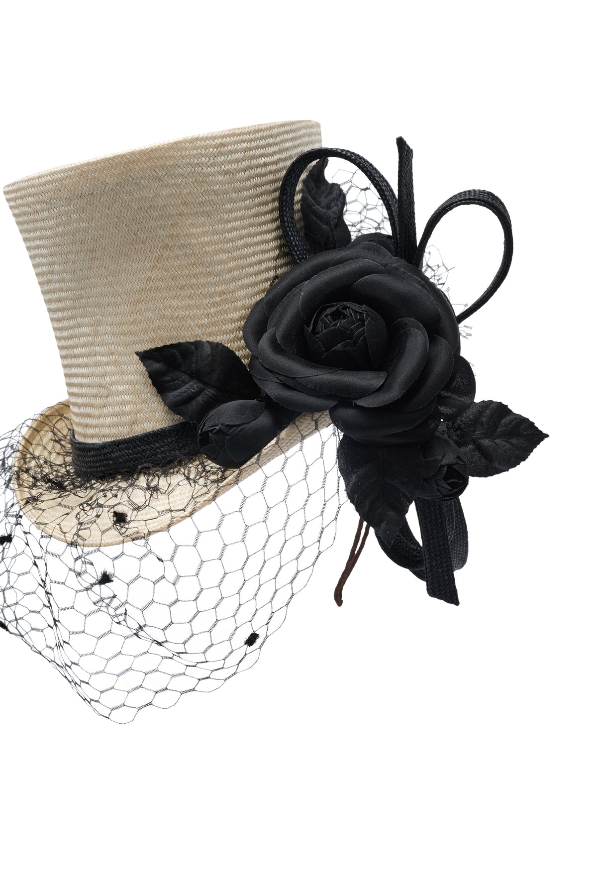 Womens natural parasisal straw top hat with black vintage veiling, silk camellias & straw loops