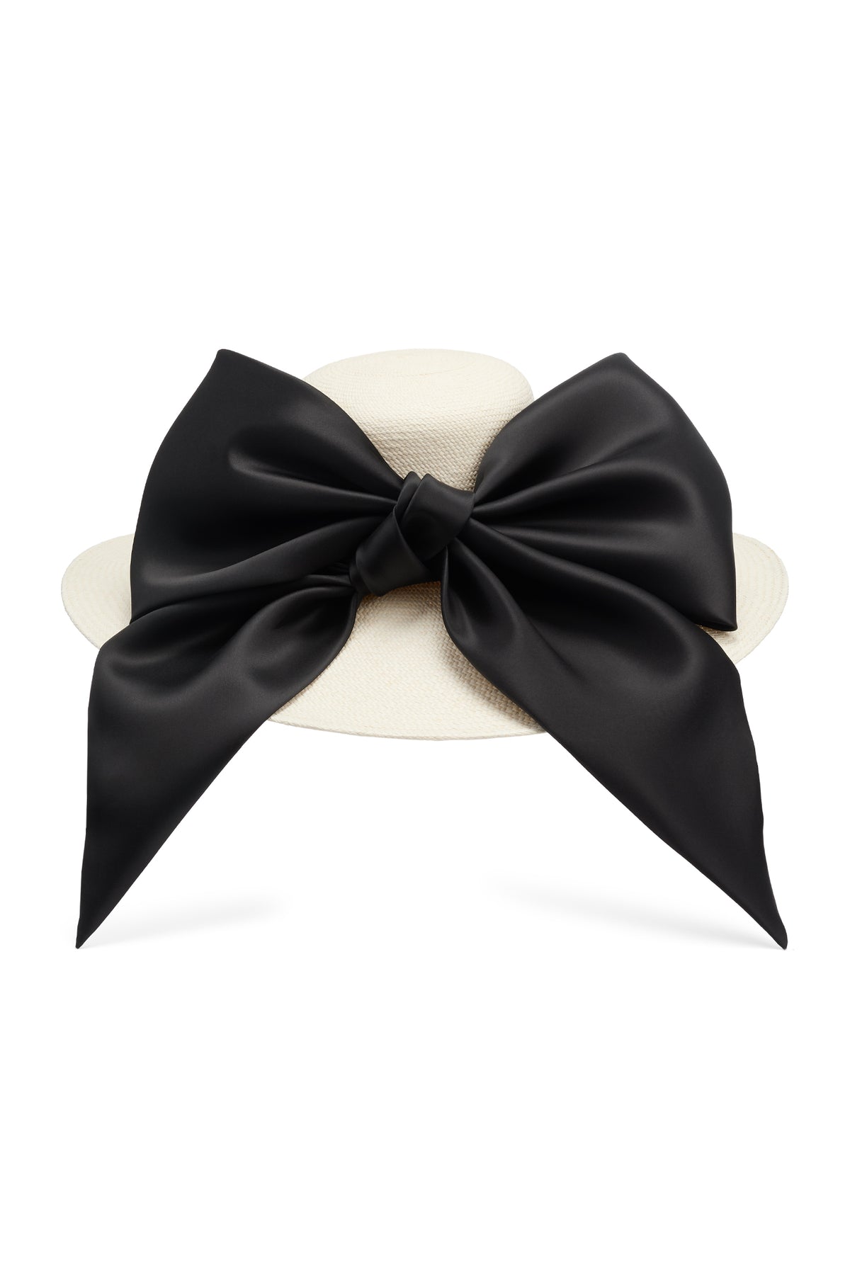 Ivory Panama straw wide-brim picture hat with an oversized silk gazor black bow