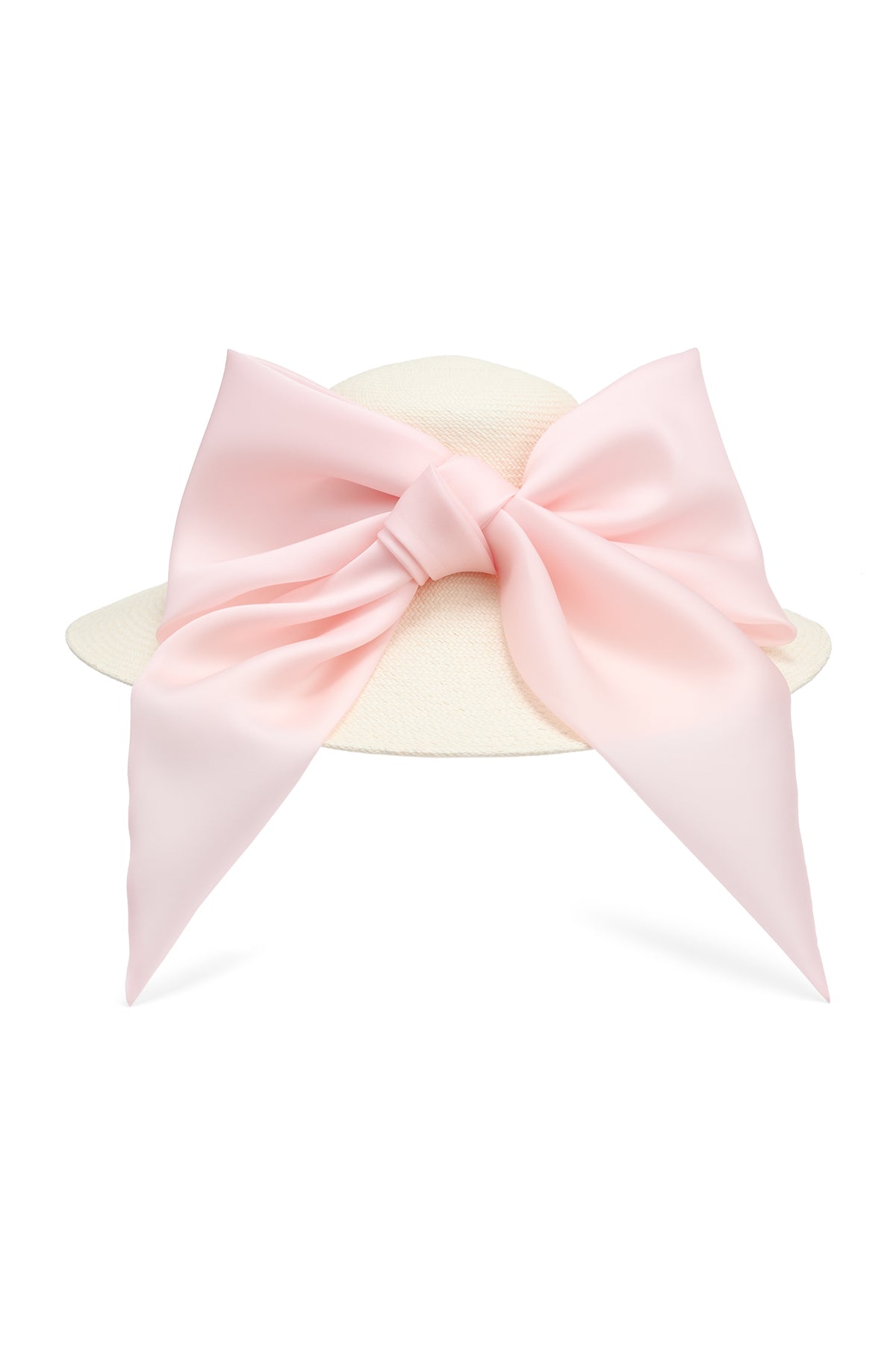 Ivory Panama straw wide-brim picture hat with an oversized silk gazor light pink bow