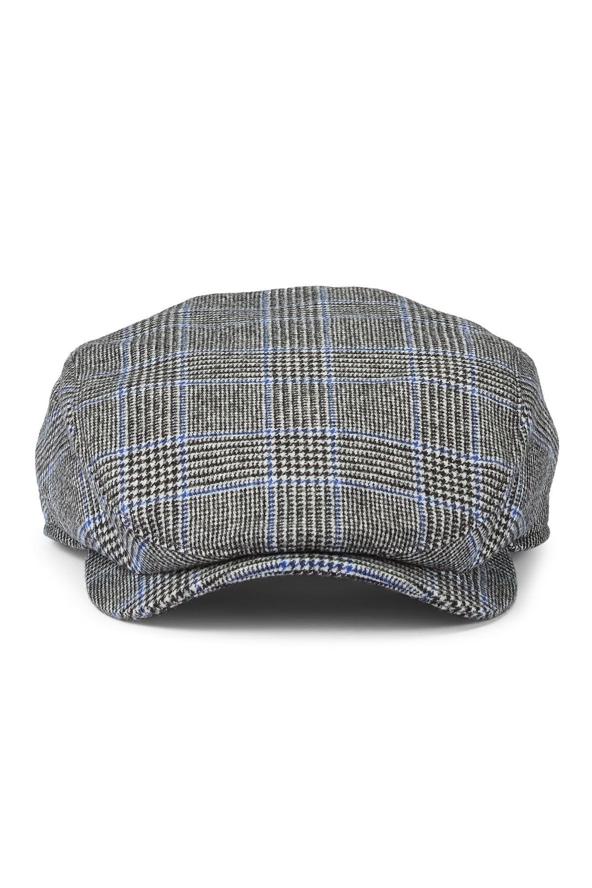 UNISEX GREY AND BLUE CHECK ESCORIAL WOOL FLAT CAP