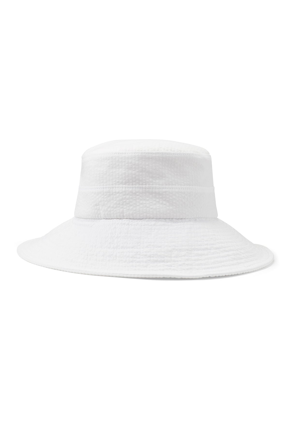 WHITE COTTON SEERSUCKER BUCKET SUN HAT