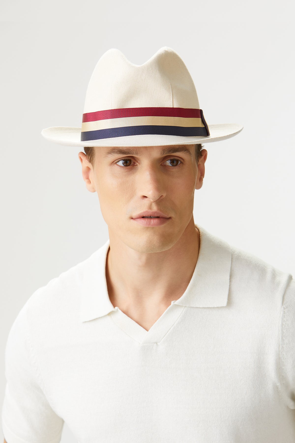 CREAM CALICO COTTON TRILBY-STYLE HAT WITH RED, CREAM & BLUE STRIPED BAND AND BOW - Lock & Co. Hatters London UK