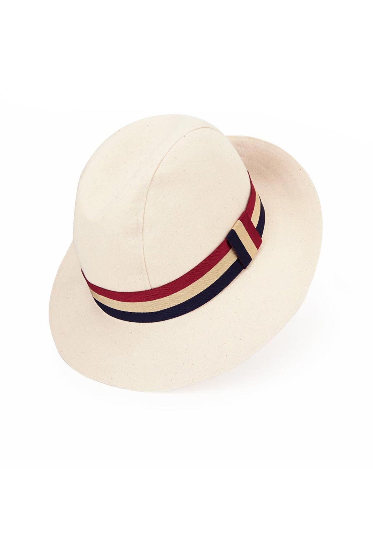 CREAM CALICO COTTON TRILBY-STYLE HAT WITH RED, CREAM & BLUE STRIPED BAND AND BOW