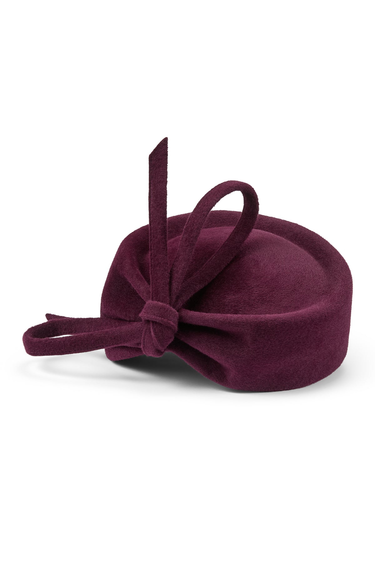 WOMEN'S BURGUNDY VELOUR FELT COUTURE PILLBOX HAT WITH BOW DETAIL