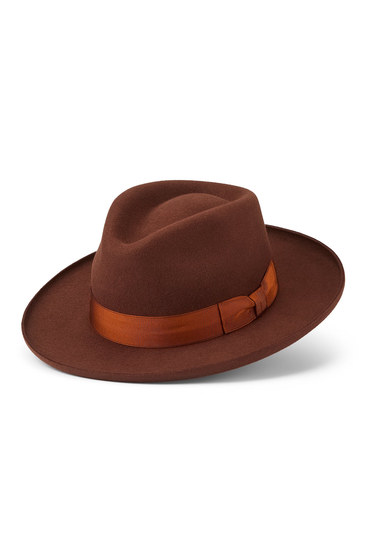 MENS RUST WOOL FEDORA HAT WITH A GROSGRAIN BURNT ORANGE BAND AND BOW AND A PENCIL BRIM
