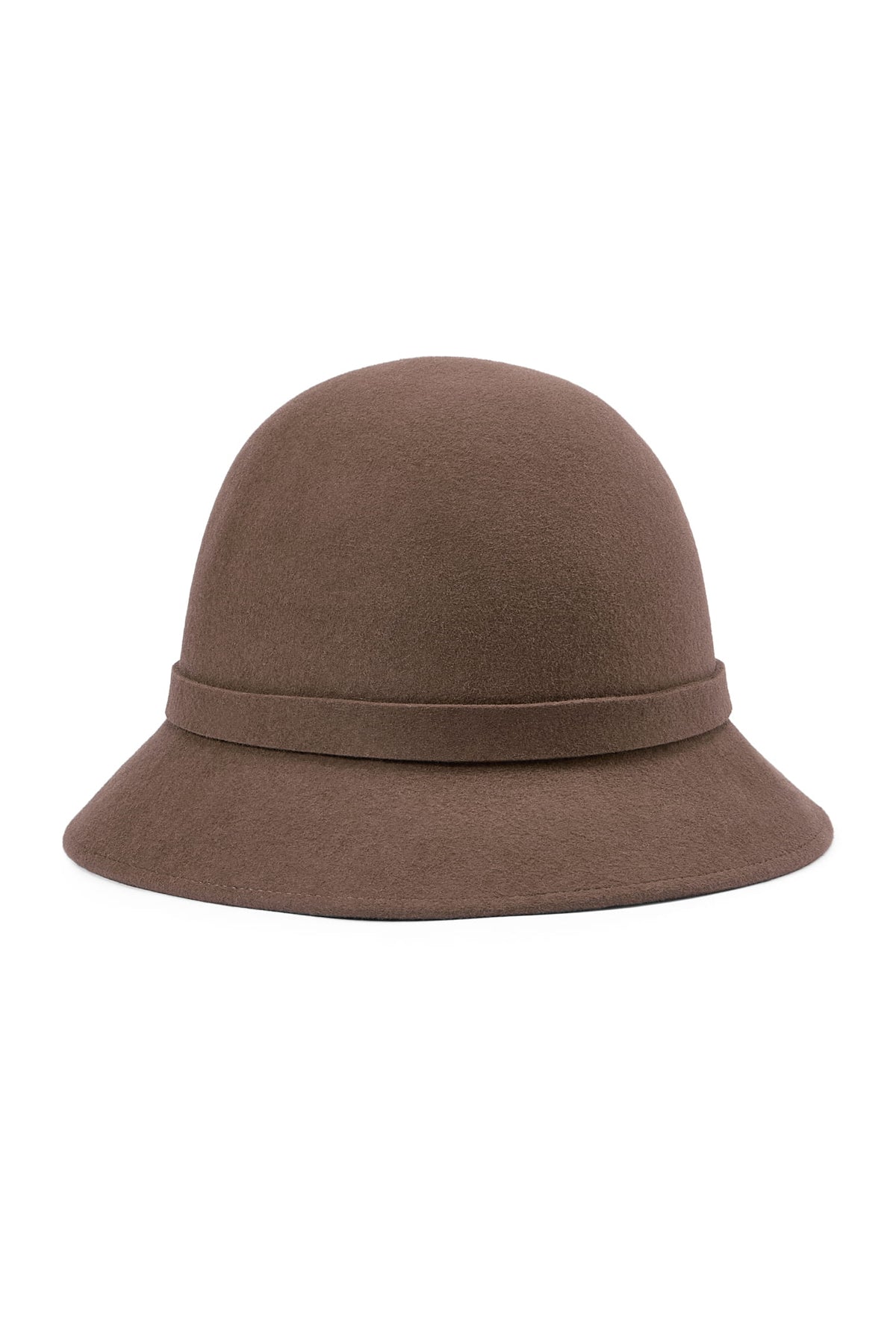 Women's rollable brown felt cloche hat with a matching band.