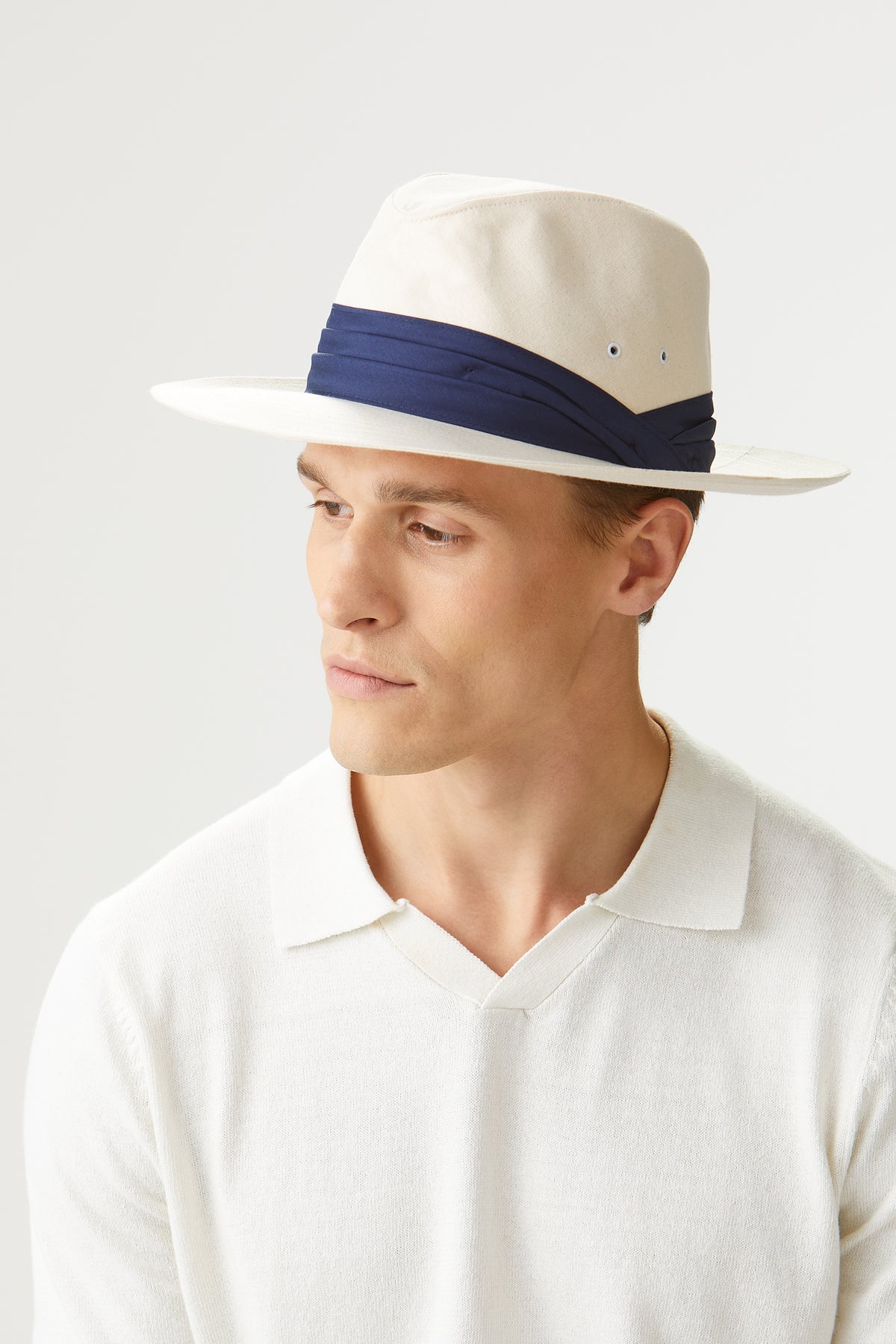 CREAM COTTON FEDORA HAT WITH A NAVY PUGGAREE BAND - Lock & Co. Hatters London UK