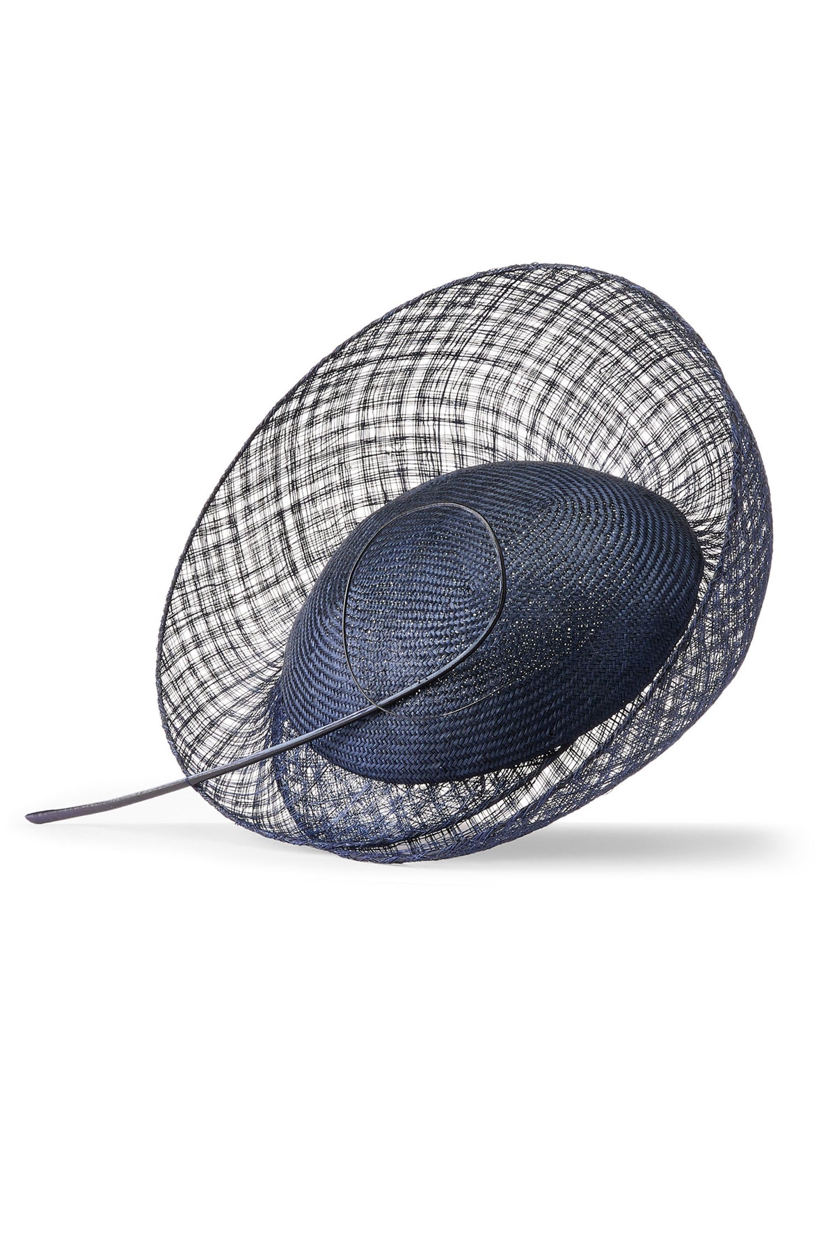 Women's navy parasisal and mesh sinamay percher hat finished with a hand-curled striped ostrich quill.