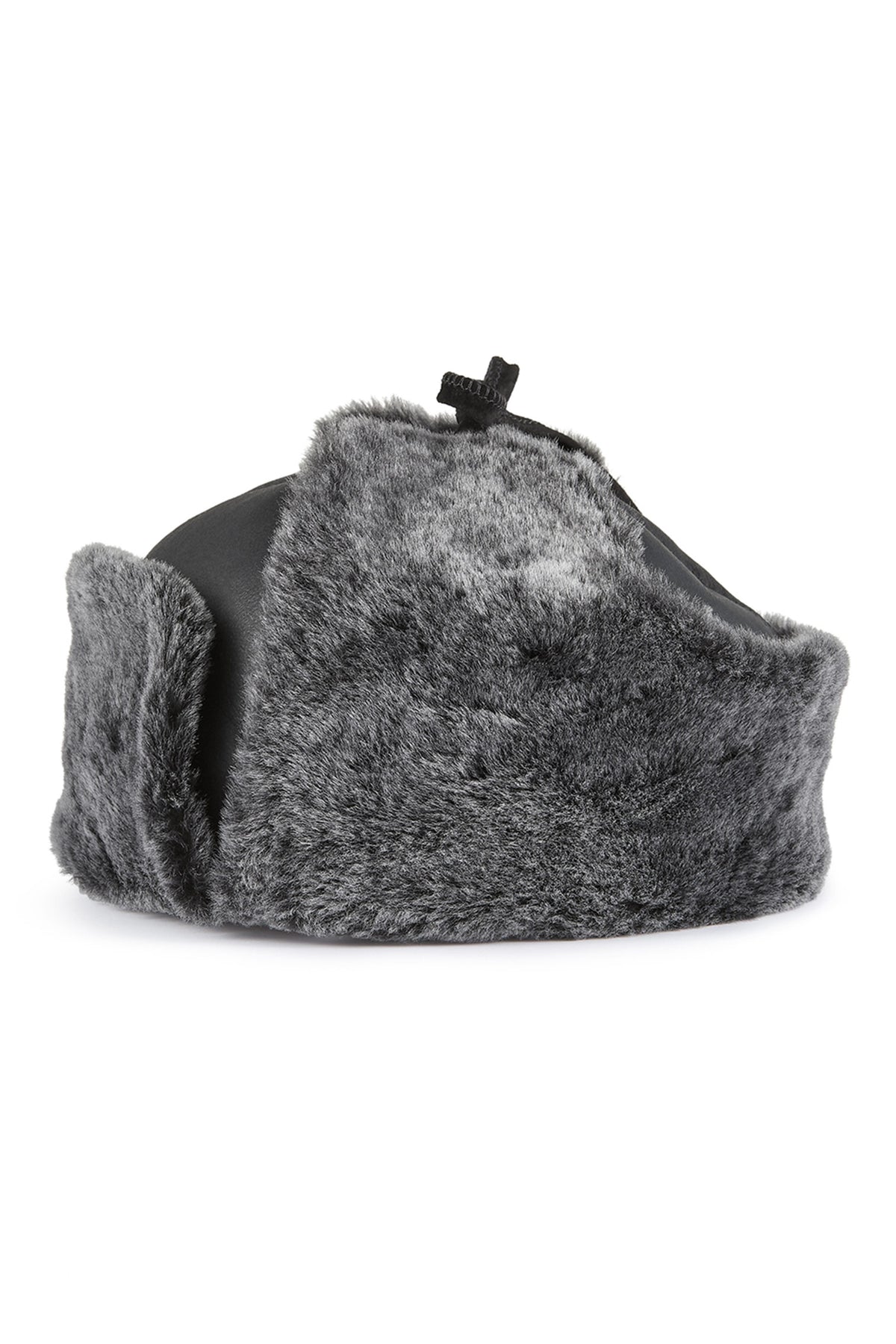 BLACK LEATHER AND SHEEPSKIN TRAPPER-STYLE HAT WITH FUR LINING AND EAR FLAPS