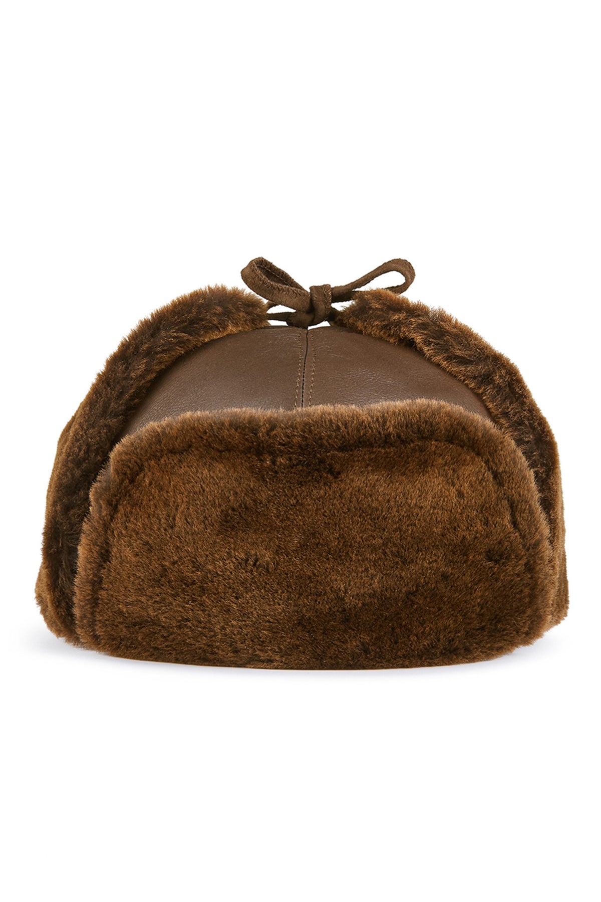 BROWN LEATHER AND SHEEPSKIN TRAPPER-STYLE HAT WITH FUR LINING AND EAR FLAPS