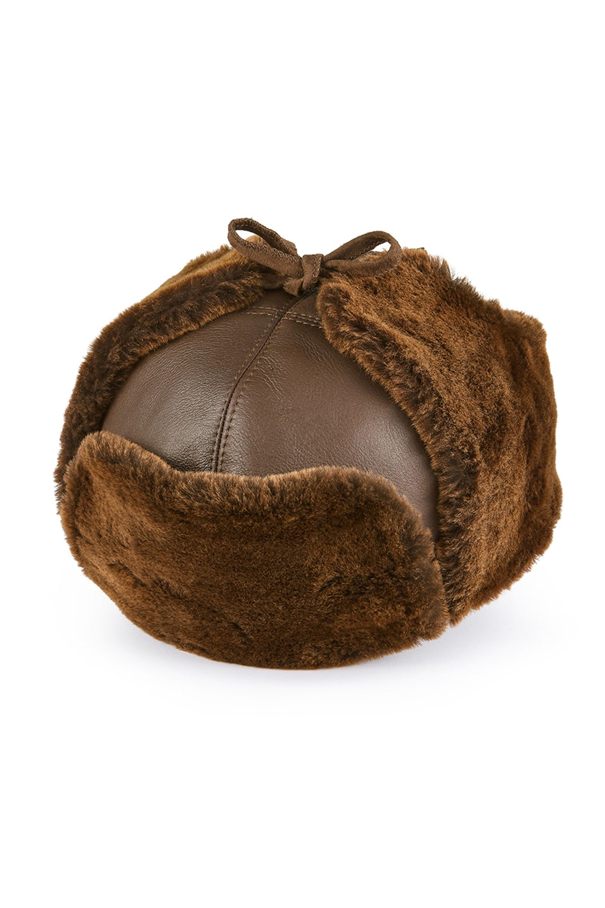 BROWN LEATHER AND SHEEPSKIN TRAPPER-STYLE HAT WITH FUR LINING AND EAR FLAPS