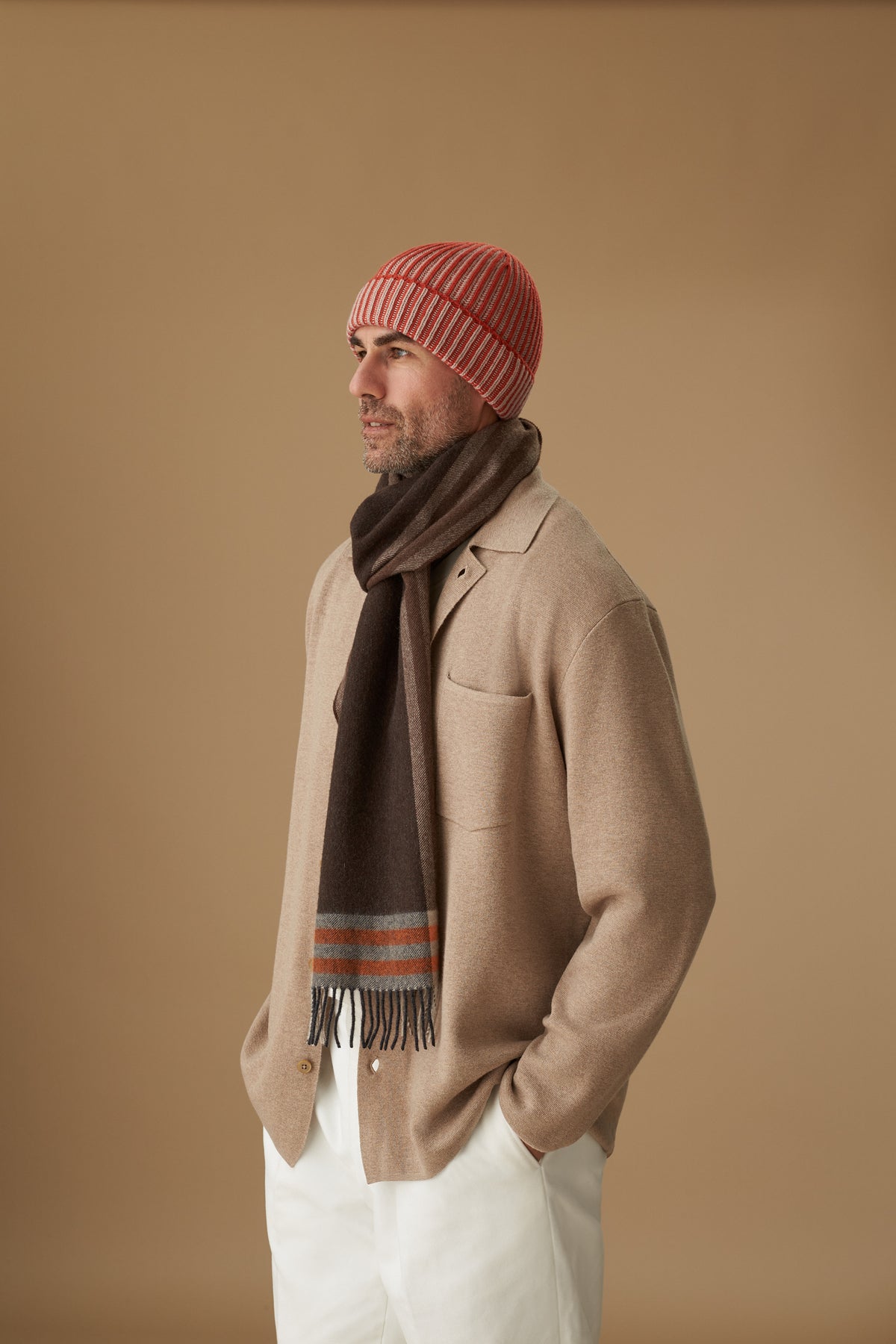UNISEX ORANGE & BEIGE CASHMERE SKI BEANIE