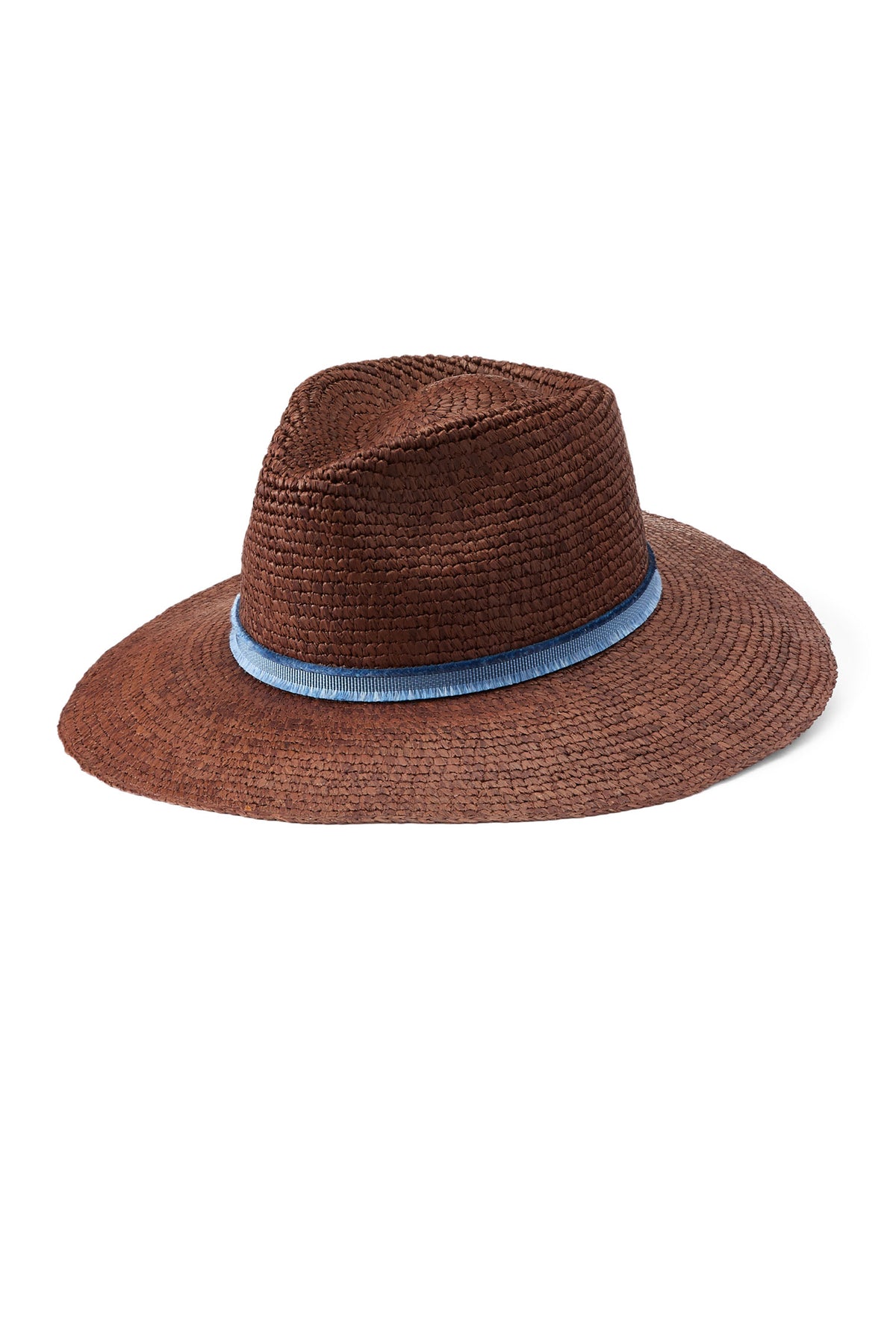 Women's brown raffia hat with a blue silk ribbon