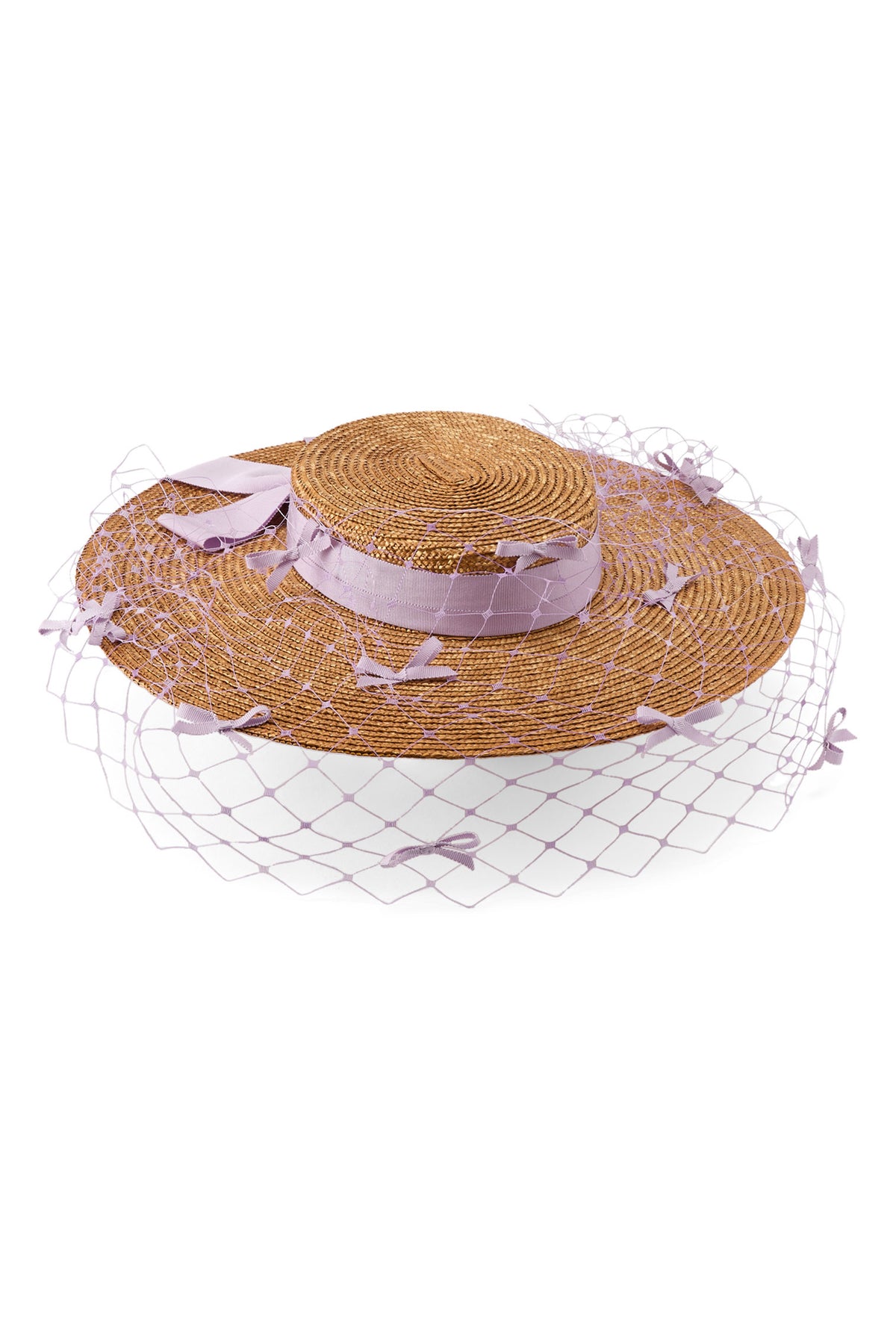 Golden pedal straw boater hat with a lilac cotton petersham ribbon and lilac veiling adorned with miniature bows.