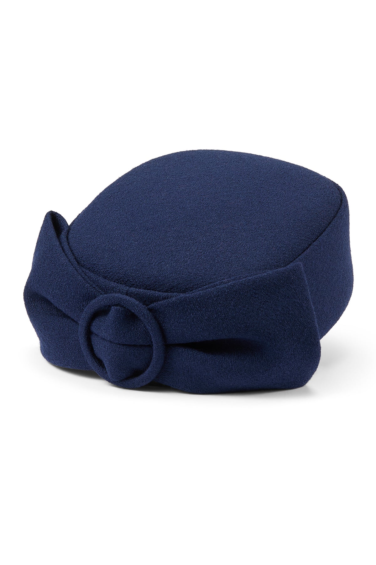 Couture Navy Wool Crepe Pillbox Hat with a back bow