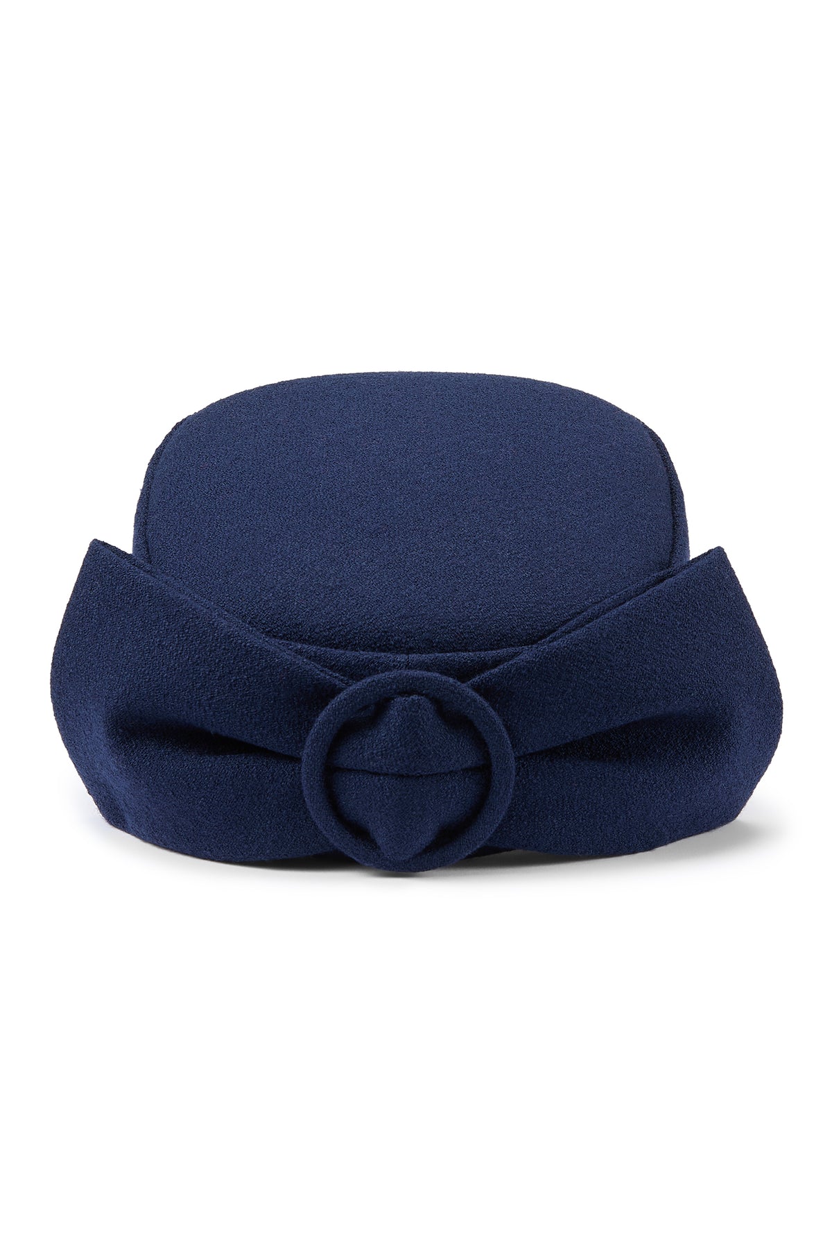 Couture Navy Wool Crepe Pillbox Hat with a back bow