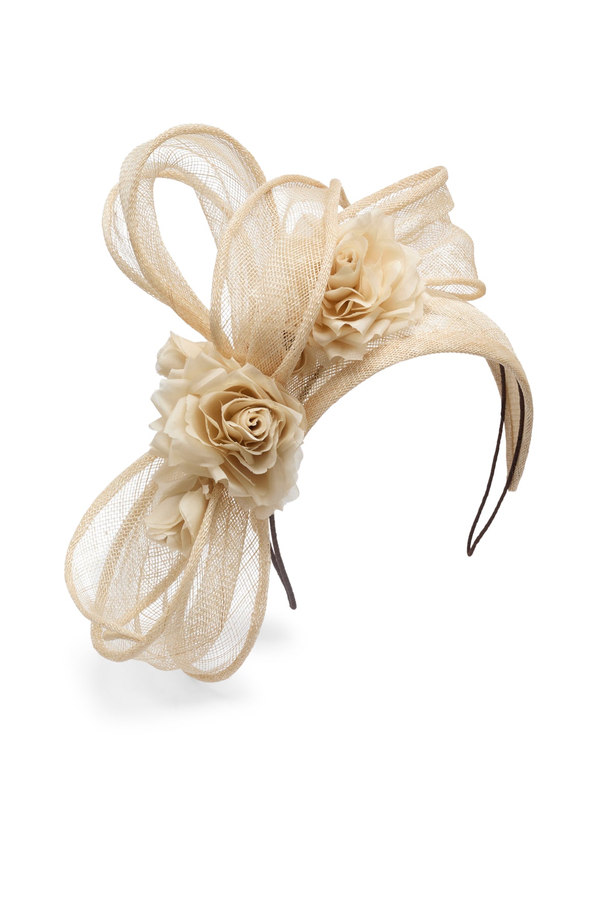 Natural Sinamay headband with silk habotai roses and a draped sinamay bow
