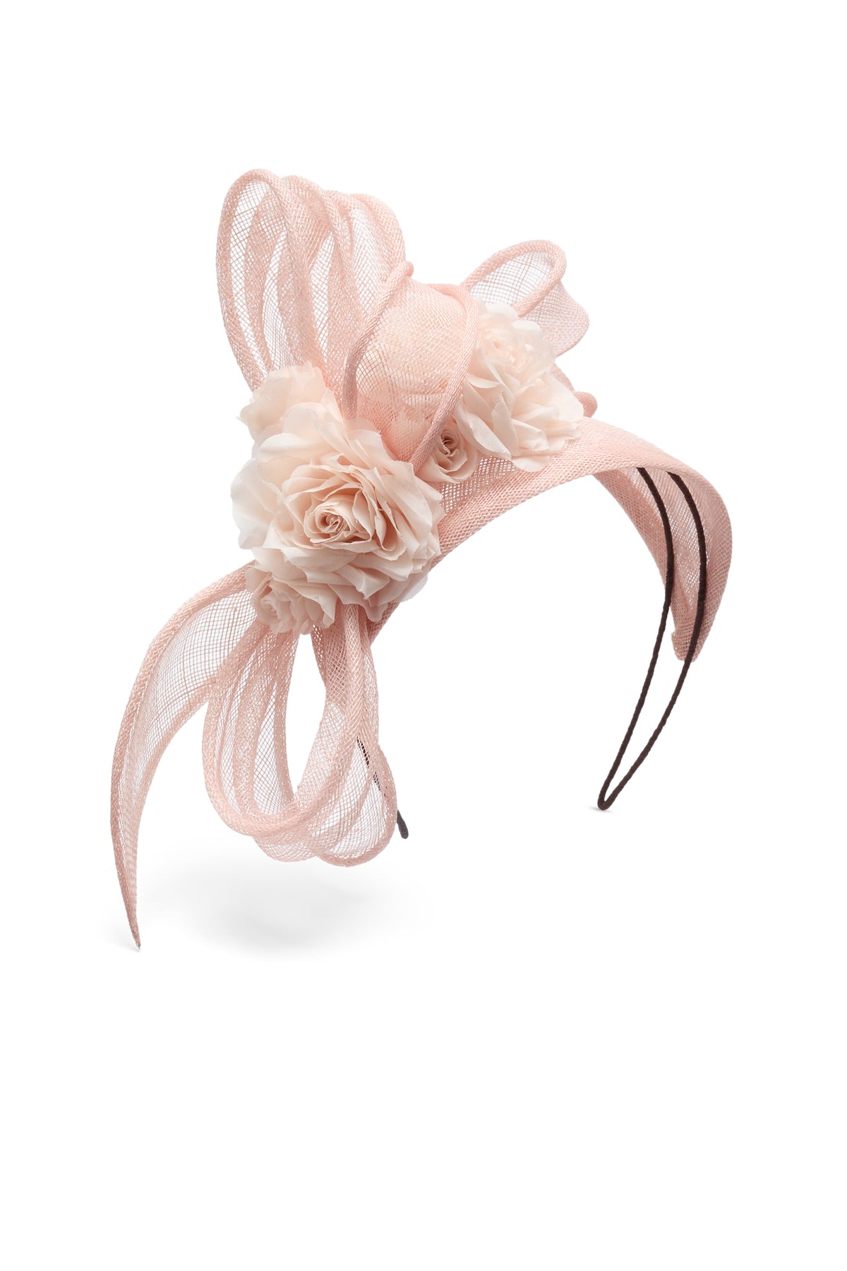 Pink Sinamay headband with silk habotai roses and a draped sinamay bow