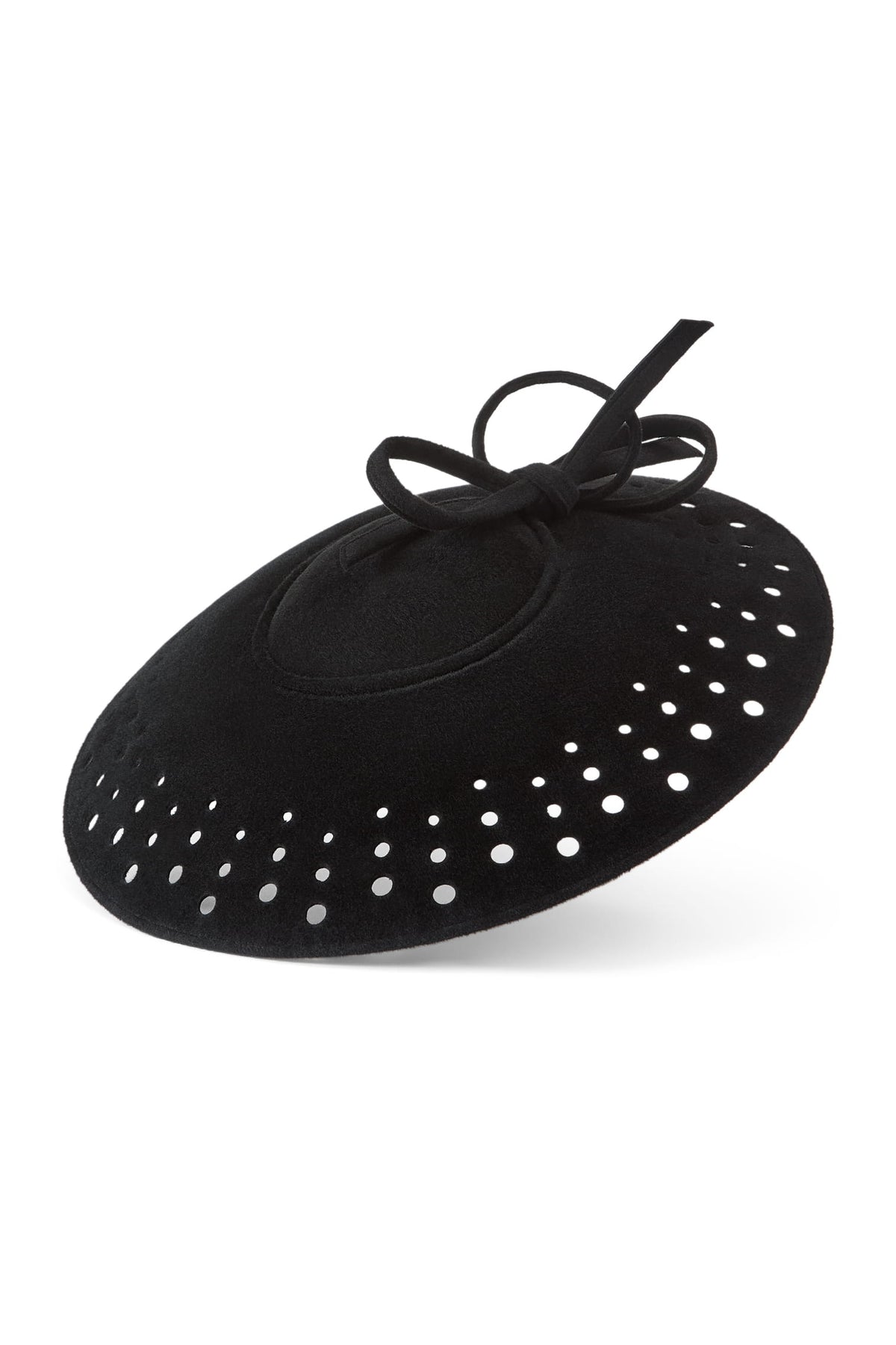 Couture black velour felt saucer hat with punched holes on the brim and a matching bow on top