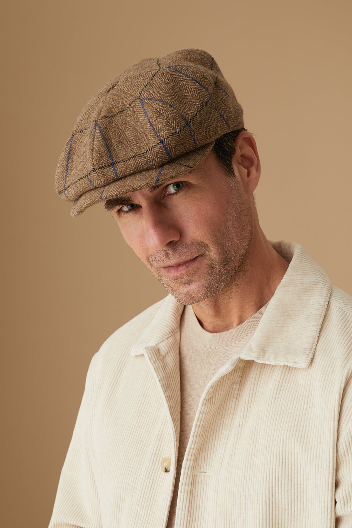 BROWN AND BLUE CHECK WOOL BAKERBOY CAP