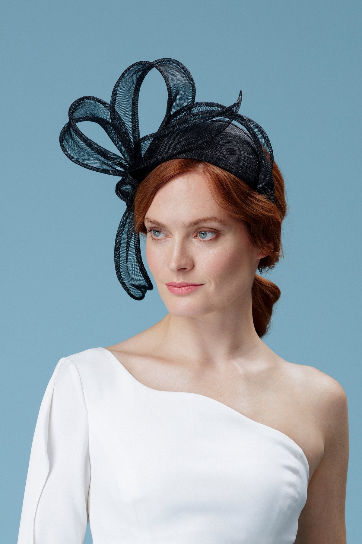 BLACK SINAMAY COUTURE HEADBAND WITH BLACK SWOOPING SINAMAY SWIRLS