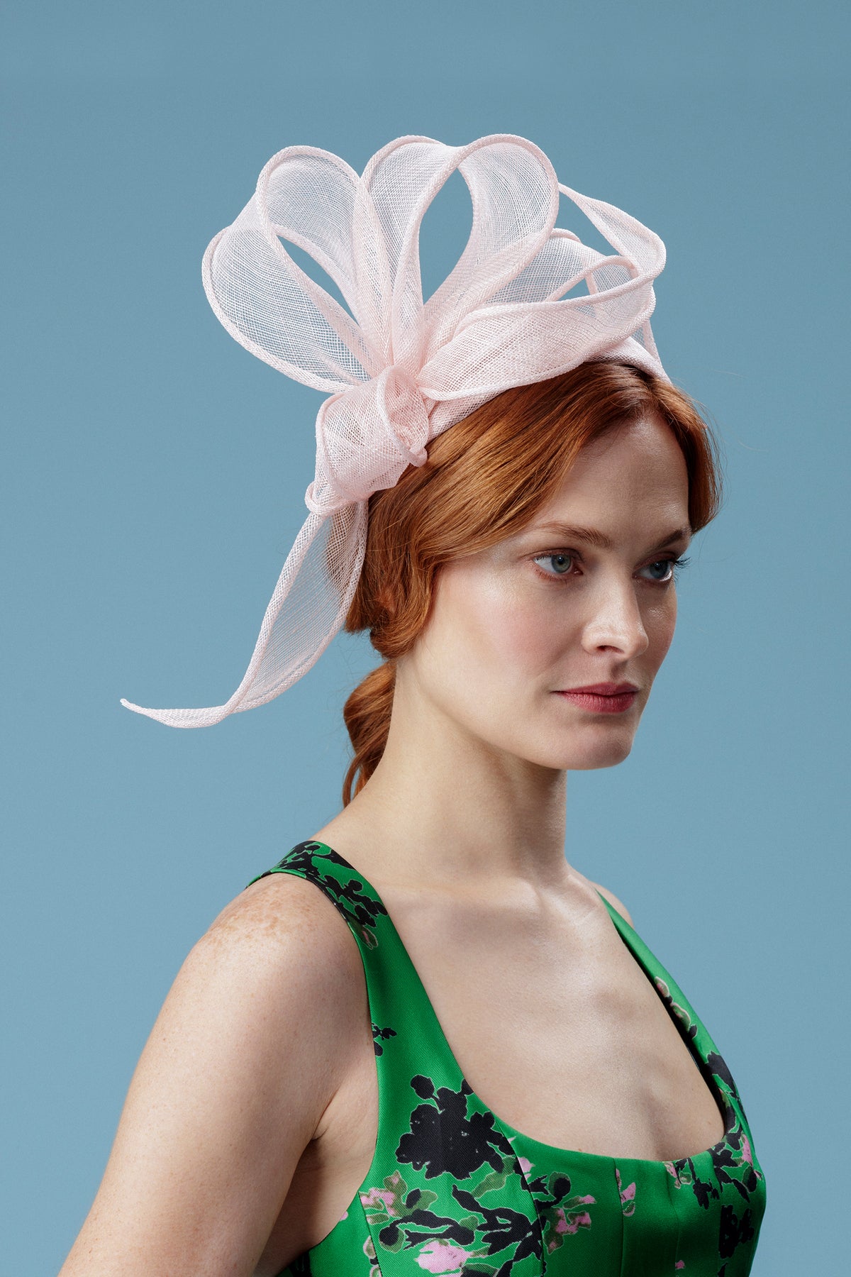 PINK SINAMAY COUTURE HEADBAND WITH PINK SWOOPING SINAMAY SWIRLS