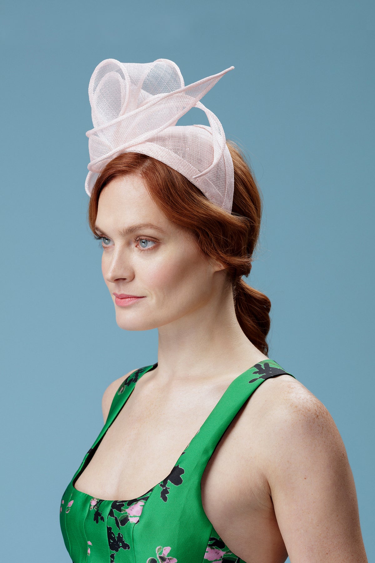 PINK SINAMAY COUTURE HEADBAND WITH PINK SWOOPING SINAMAY SWIRLS