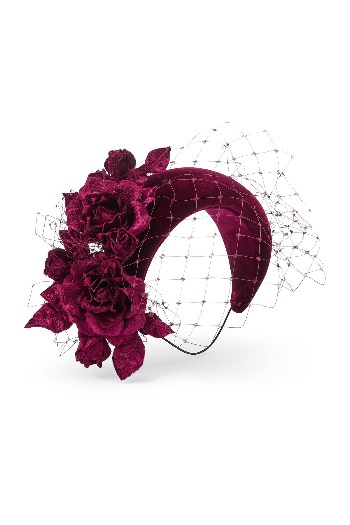Couture burgundy velvet headband decorated with matching velvet roses and leaves, featuring a matching burgundy veil