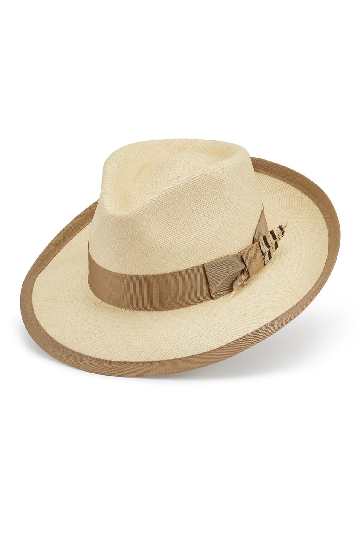 SAND-COLOURED PANAMA HAT WITH BROWN BOUND EDGE AND BROWN GROSGRAIN BAND AND BOW FINISHED WITH A FEATHER - Lock & Co. Hatters London UK