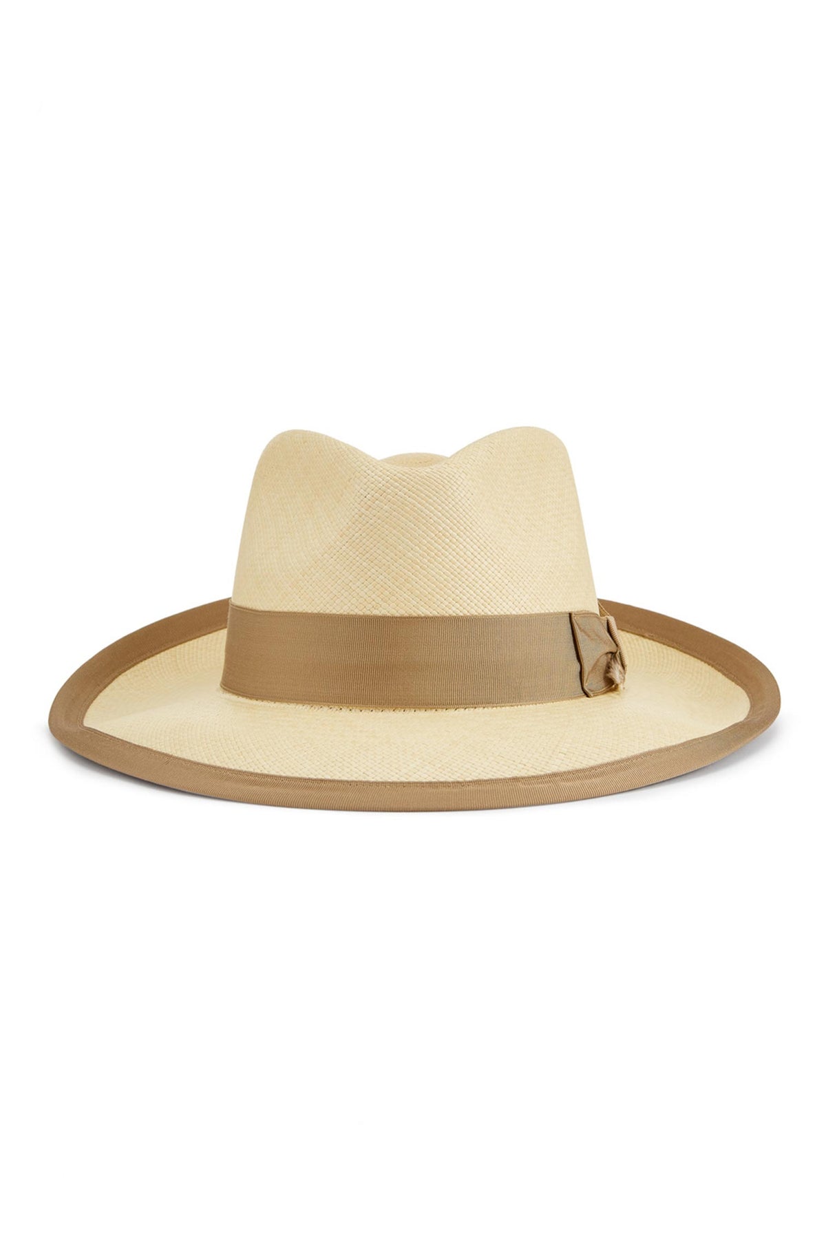 SAND-COLOURED PANAMA HAT WITH BROWN BOUND EDGE AND BROWN GROSGRAIN BAND AND BOW FINISHED WITH A FEATHER - Lock & Co. Hatters London UK