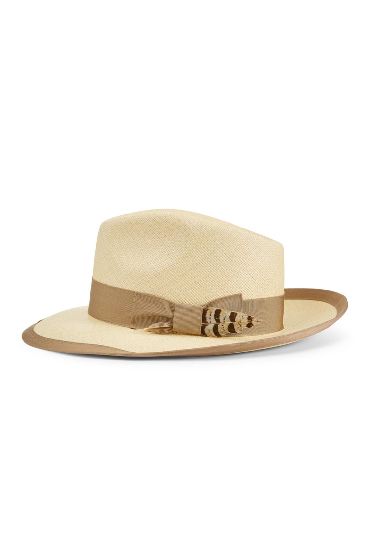 SAND-COLOURED PANAMA HAT WITH BROWN BOUND EDGE AND BROWN GROSGRAIN BAND AND BOW FINISHED WITH A FEATHER - Lock & Co. Hatters London UK