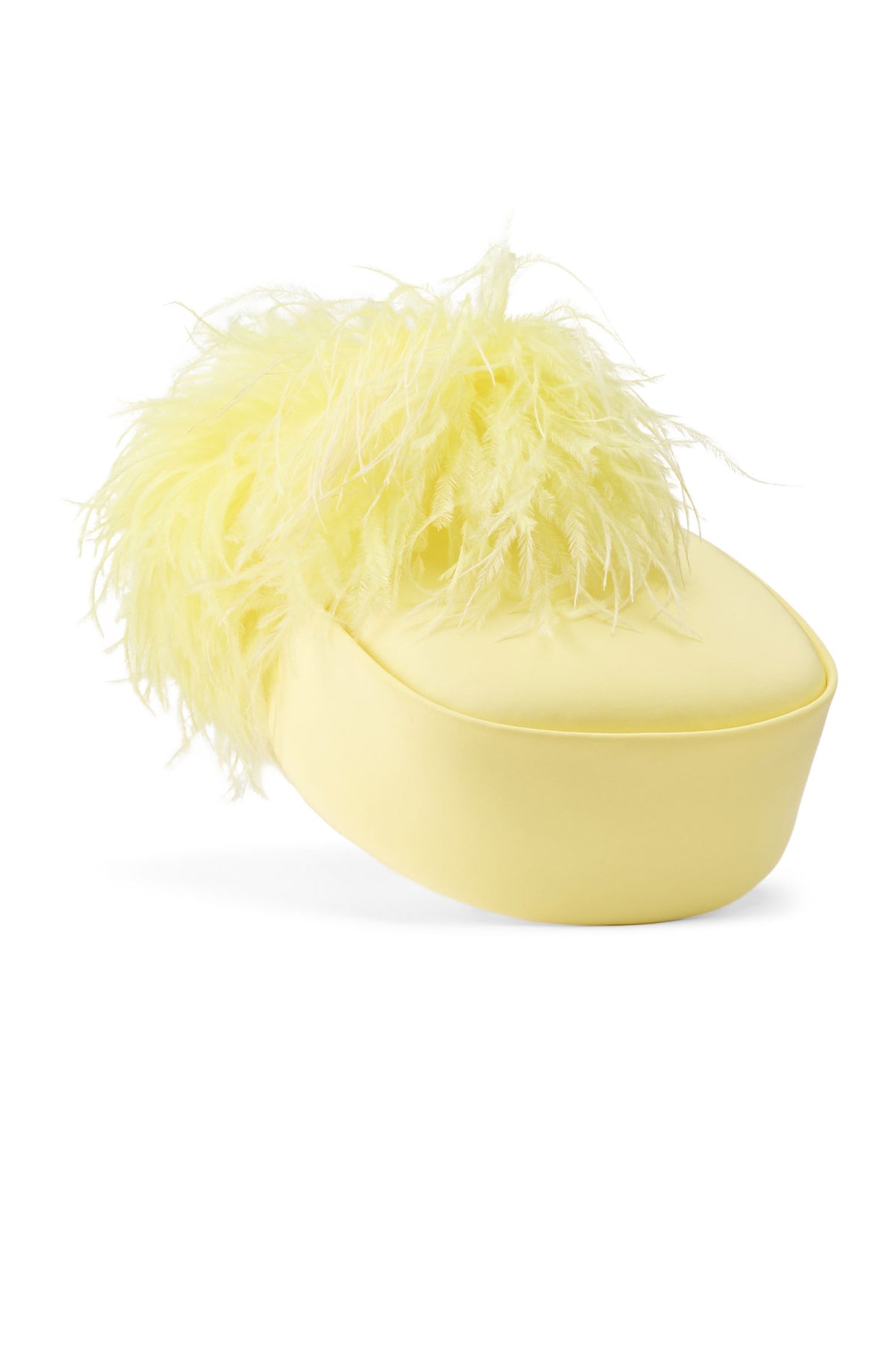 Women's yellow silk Pillbox Hat with back ostrich feathers and a silk back bow