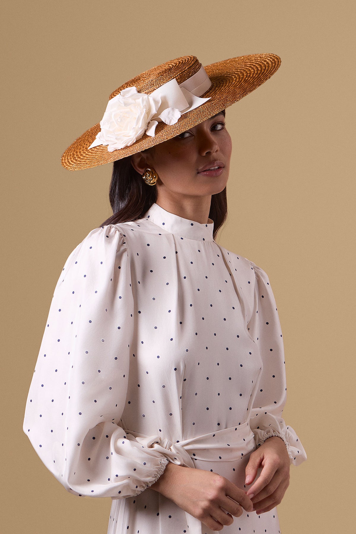 Golden pedal straw boater hat with silk dupion roses and an ivory trimband and bow - Lock & Co. Hatters London UK