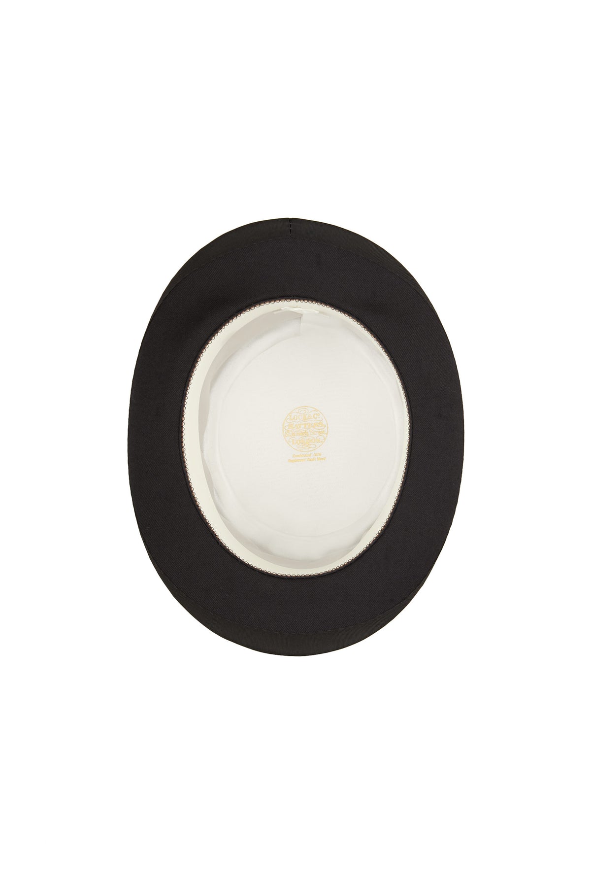 INSIDE OF BLACK SILK TOP HAT WHITE LINING WITH GOLDEN LOCK & CO. HATTERS LOGO