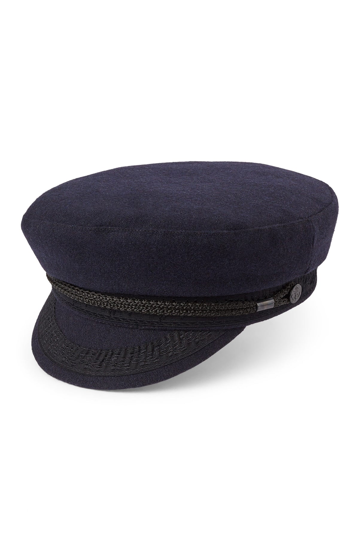 NAVY SHOWERPROOF WOOL SKIPPER CAP WITH BLACK BRAID DETAILING AND METAL ANCHOR EMBELLISHMENTS - Lock & Co. Hatters London UK
