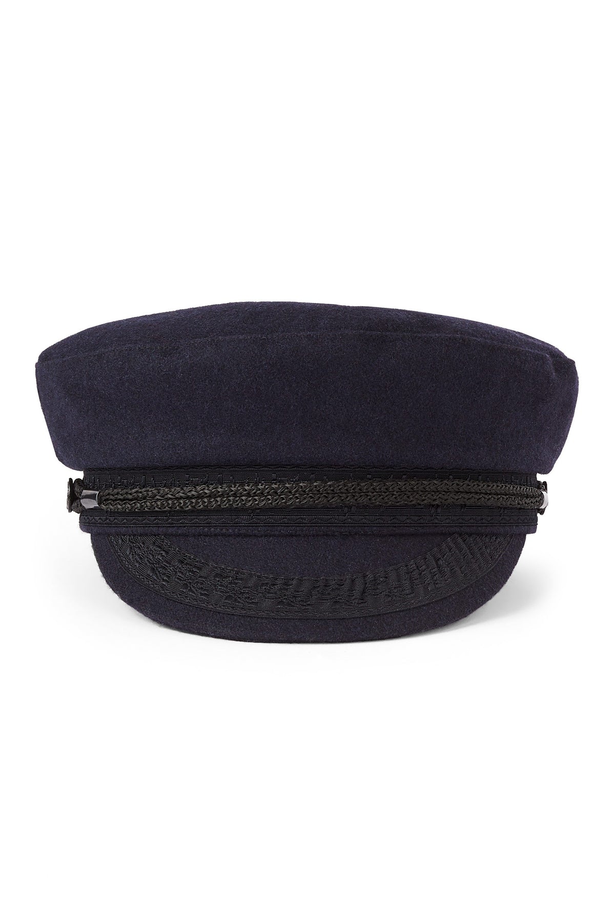 NAVY SHOWERPROOF WOOL SKIPPER CAP WITH BLACK BRAID DETAILING AND METAL ANCHOR EMBELLISHMENTS - Lock & Co. Hatters London UK