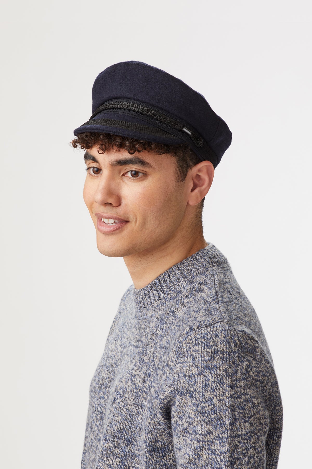 NAVY SHOWERPROOF WOOL SKIPPER CAP WITH BLACK BRAID DETAILING AND METAL ANCHOR EMBELLISHMENTS - Lock & Co. Hatters London UK