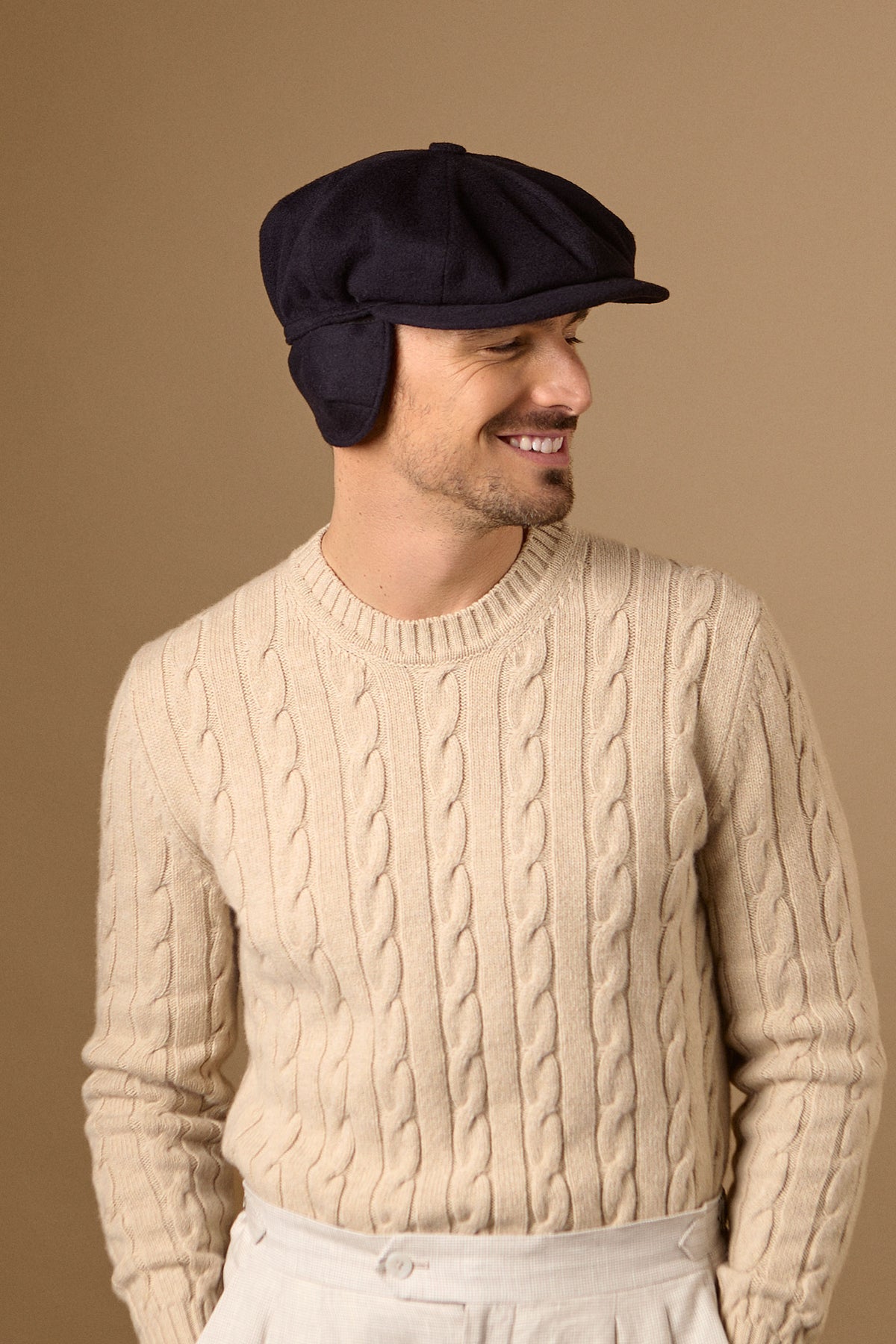 NAVY CASHMERE 8 PANEL BAKERBOY CAP WITH EAR FLAPS