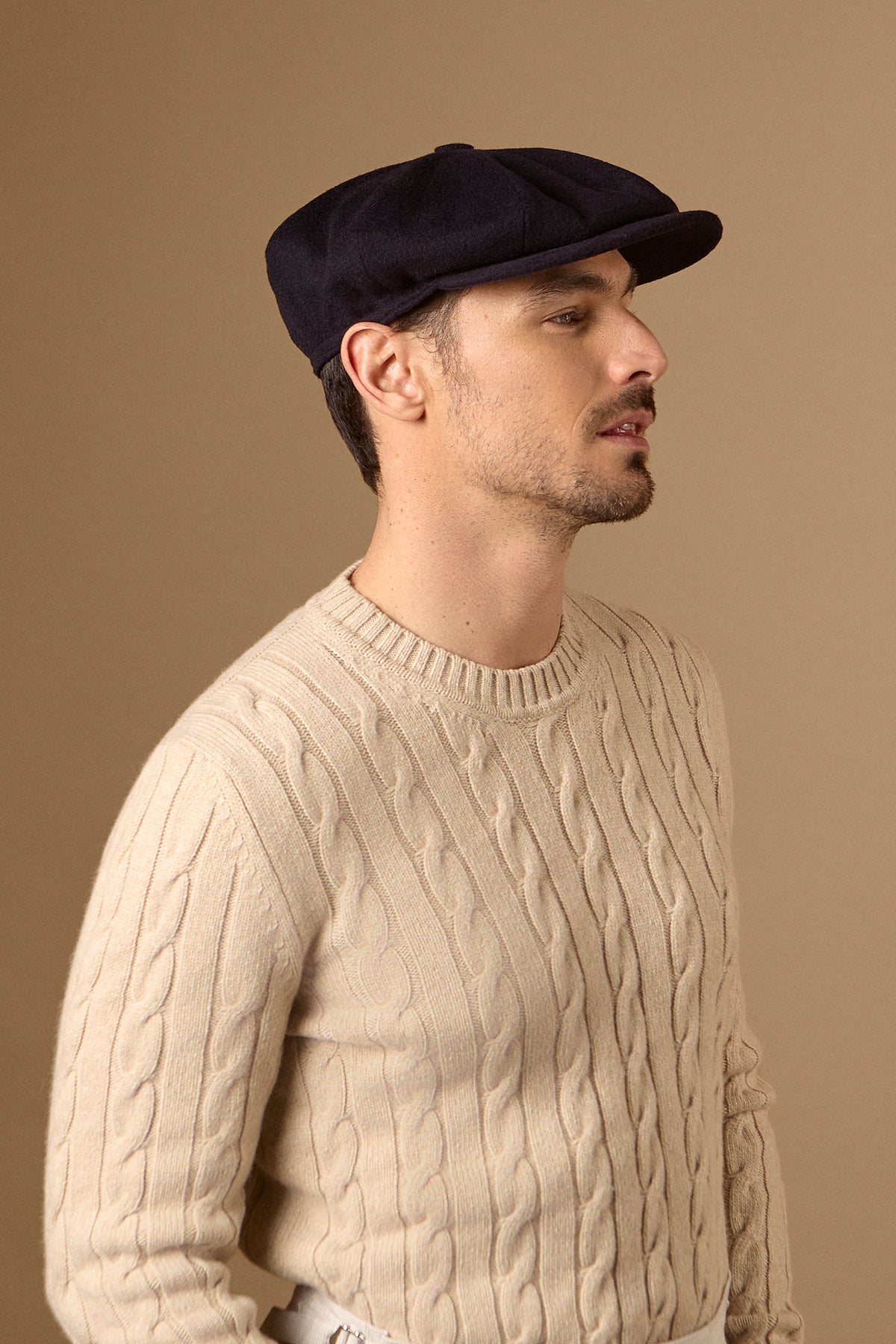 NAVY CASHMERE 8 PANEL BAKERBOY CAP WITH EAR FLAPS